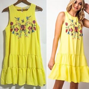 Davi&Dani Yellow Floral bird Embroidered Sleeveless babydoll summer Dress Large